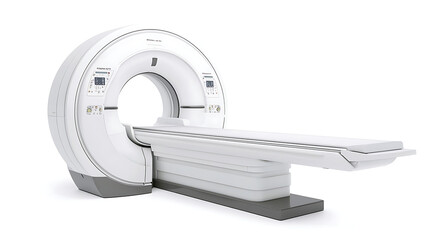 A detailed image of an MRI scanner machine isolated on a white background