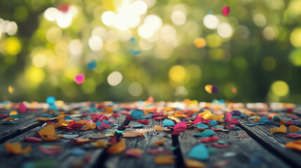 Colorful confetti dances in sunlight on a rustic wooden table in a lush garden during a joyful celebration