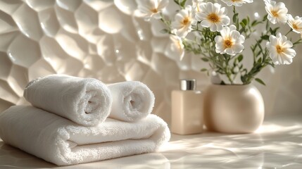 spa white towel flowers background for skincare products showcase, wall