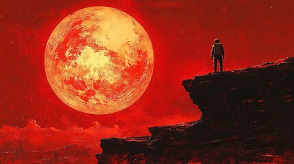 A lone astronaut stands on a rocky cliff, bathed in red light, looking at an oversized glowing moon in a surreal and alien landscape, evoking exploration.