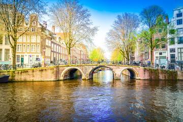 Wall Mural - facades of old historic houses and traditional bridge over canal water, amsterdam, netherlands