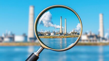 A magnifying glass focuses on a power plant, highlighting smokestacks and emissions against a clear blue sky.