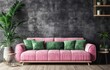 © KumCup - A stylish living room with a pink sofa, green cushions, plants, and wooden shelves against a textured gray wall.