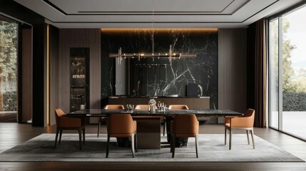 Poster - Modern Dining Room with Black Marble Wall and Brown Leather Chairs