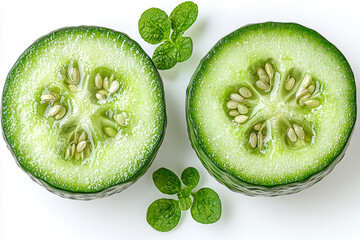 Wall Mural - A cucumber cut in half and isolated on a white background shows its crisp interior. Concept of vegetable isolated on white.