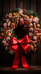 Xmas mood: beautiful christmas wreath with bows and ribbons, ornaments and gingerbread cookies. Vertical banner for instagram story, reel or tiktok