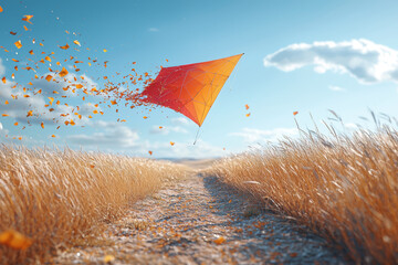 Wall Mural - A colorful kite flying in the sky alongside a broken one on the ground captures the contrast between freedom and restriction. Concept of emotions in contrast.