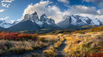 Autumn landscape in a national park featuring mountains, a serene lake, vibrant trees, and a clear sky