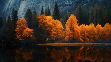 Poster - Reflection of Autumn Trees in a Still Lake with a Cliff in the Background