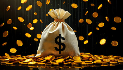 Artistic Rendering of a Money Bag Raining Gold Coins: Vibrant Depiction of Financial Growth Against a Dark Background