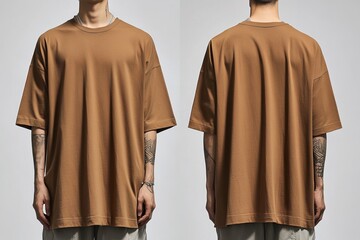 Wall Mural - Oversized brown T-shirt mockup front and back view on a model.