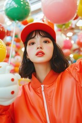 Young woman in bright orange outfit poses with colorful balloons in an indoor carnival setting