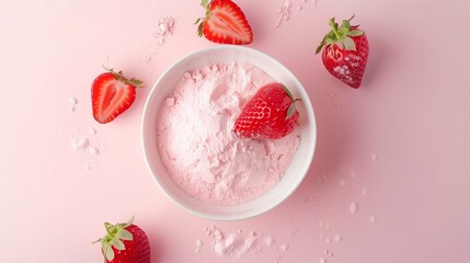 Strawberry fruit flour on bowl natural ingredient for cooking gluten free pink background