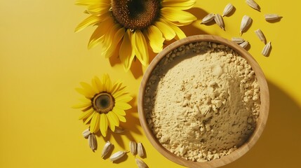 Gluten free sunflower seeds flour on wooden bowl for cooking and baking ingredient