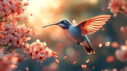 Wall Mural - A vibrant hummingbird hovers in flight, its wings outstretched, amidst a flurry of pink cherry blossoms. The sun shines through the branches, creating a warm, golden glow.