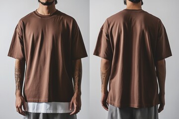 Wall Mural - Oversized brown T-shirt mockup front and back view on a model.