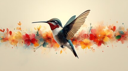 Wall Mural - A vibrant hummingbird in flight, surrounded by a watercolor-like illustration of colorful flowers.