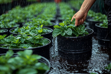 Canvas Print - A person collecting rainwater in barrels to water their plants sustainably. Concept of resource management.