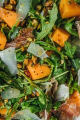 Close-up of a green salad with nuts and cheese