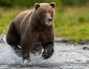 brown bear running through a river with splashing water. katmai national park and preserve