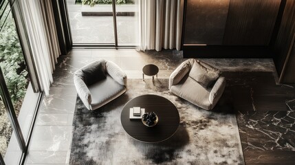 Modern Interior Design with Two Armchairs, a Coffee Table, and a View