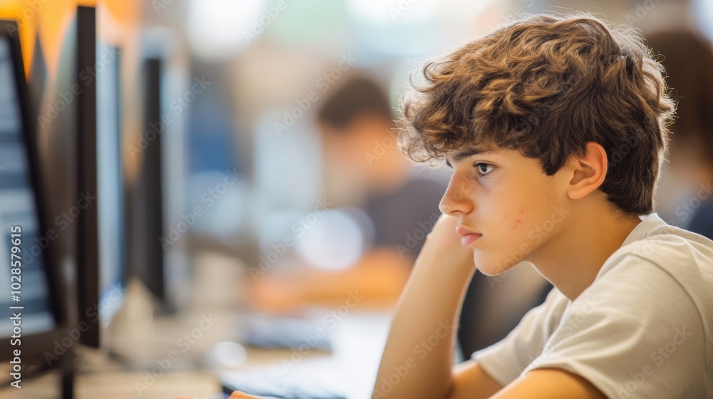 Side view portrait of a distressed teenage schoolboy using a computer ...