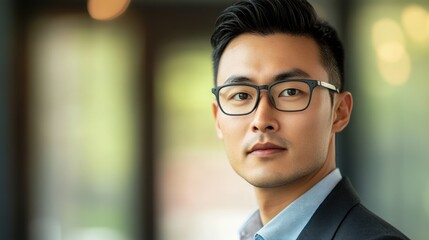 Wall Mural - Close-up portrait of a young Asian man wearing glasses and a suit