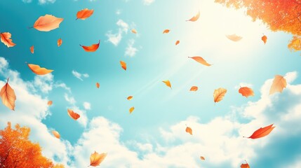 Wall Mural - falling autumn leaves on blue sky background illustration