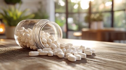 clear pill bottle overturned with white pills spilled out on a wooden table, capturing the realistic