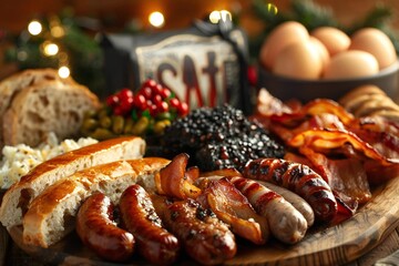 St. Stephen's Day. A close-up shot of a traditional Irish breakfast spread, featuring dishes like white and black pudding, sausages, bacon, eggs, and soda bread.