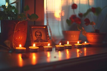 Feast of St. Thomas (Christian holiday). A peaceful image of a candle-lit prayer corner in a home, with candles illuminating a small portrait of St. Thomas.