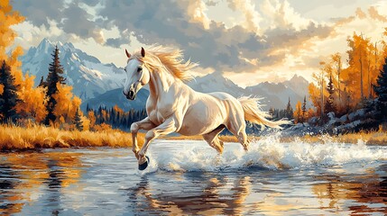 Wall Mural - A majestic white horse gallops through a serene mountain river at sunset, creating a splash of water.