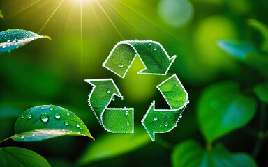 green recycling symbol with water drops on blurred leaves background