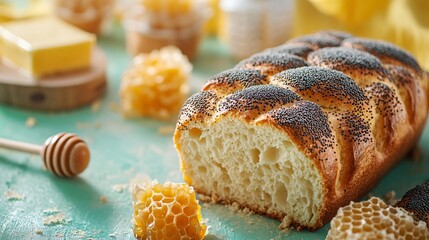 Brioche loaf topped with poppy seeds, isolated on a soft green background with decorative pats of butter and honeycomb