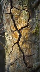 Sticker - A close-up of a tree trunk with a deep crack running through its bark, revealing the intricate texture and patterns beneath.