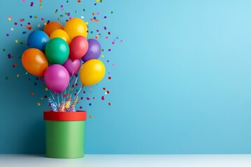 Box of balloons and confetti is on a blue background. The balloons are in various colors and sizes. Colorful balloons and confetti escape from a gift box in a birthday party flat lay