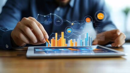 Businessman reviewing sales data on a tablet, featuring graphs of economic growth and strategy, with digital marketing icons in the background.