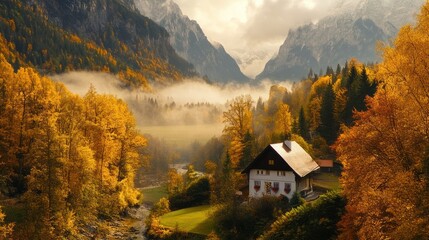 Poster - Mountain Cabin Nestled in Autumnal Forest with Fog and Stream