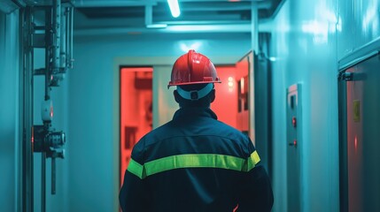 Emergency System Engineer Inspecting Fire Alarm in Industry Factory with Evacuation Doorway for Building Safety