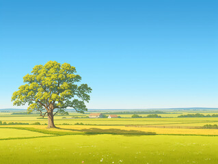 a vibrant green field under a clear blue sky, with a large lush tree standing in the middle of the field.