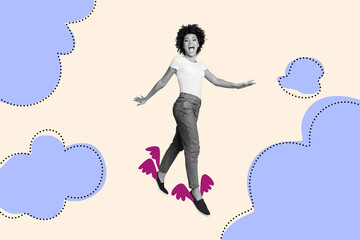 Wall Mural - Creative image collage young girl dream accomplishment flight legs wings clouds sky high environment imagination fantasy