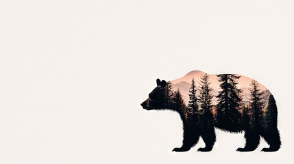 Canvas Print -   Bear standing in forest with trees on its back and pink sky in background