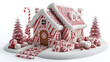 © Julia Zarubina - 3d cartoon house made of christmas striped candy canes, gingerbread and icing on white background, new year house model, seasonal treat, sweet holiday food, december, xmas