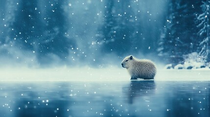 Poster -   A polar bear perched on a frozen lake, surrounded by dense woods and white snowfall