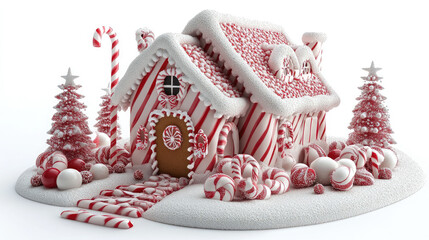 3d cartoon house made of christmas striped candy canes, gingerbread and icing on white background, new year house model, seasonal treat, sweet holiday food, december, xmas