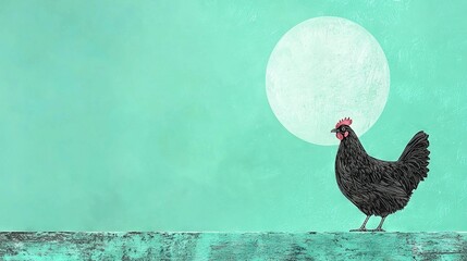 Poster -   Rooster perched on water's edge, full moon illuminates backdrop