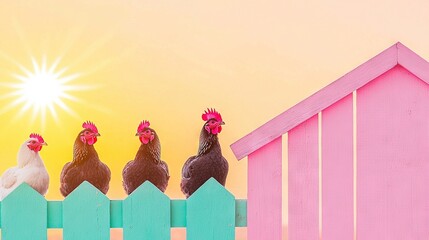 Poster -   Three chickens perched on a wooden fence adjacent to a pink and blue one, with a pink house visible in the background