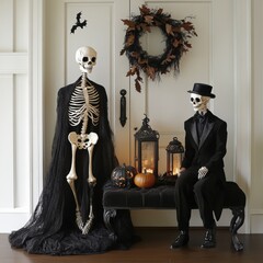 A spooky Halloween scene featuring skeletons, candles, and autumn decorations, perfect for festive vibes.