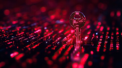 A futuristic key standing boldly amidst a vibrant digital backdrop of glowing red lights.