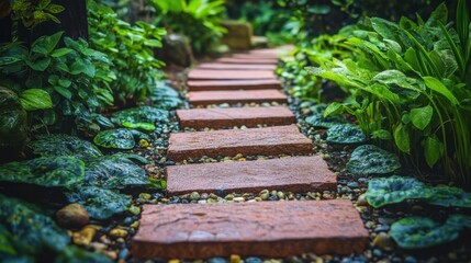 A close-up of reddish clinker paving stones, neatly arranged in a garden path, with decorative plants lining the edges.